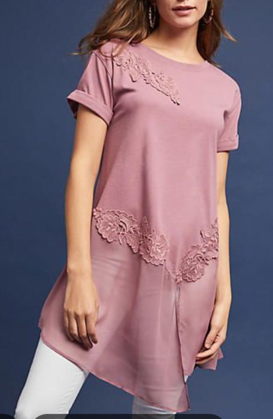 Akemi + Kin Anthropologie Kris Lace Sheer Hem Asymmetrical Tunic Top Shirt Pink